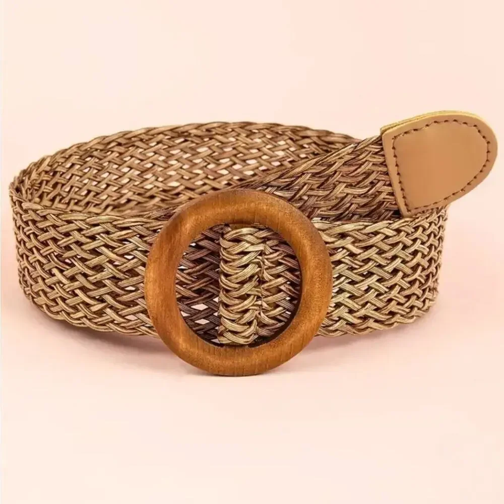 Classic Round Buckle Vegan Straw Belt Boho Brown Braided Wide Belt Fix Size S-L